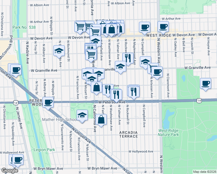 map of restaurants, bars, coffee shops, grocery stores, and more near 2709 West Glenlake Avenue in Chicago