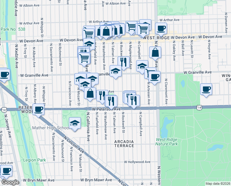 map of restaurants, bars, coffee shops, grocery stores, and more near 6055 North Talman Avenue in Chicago
