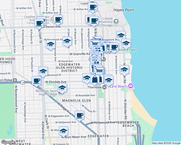map of restaurants, bars, coffee shops, grocery stores, and more near 1228 West Norwood Street in Chicago