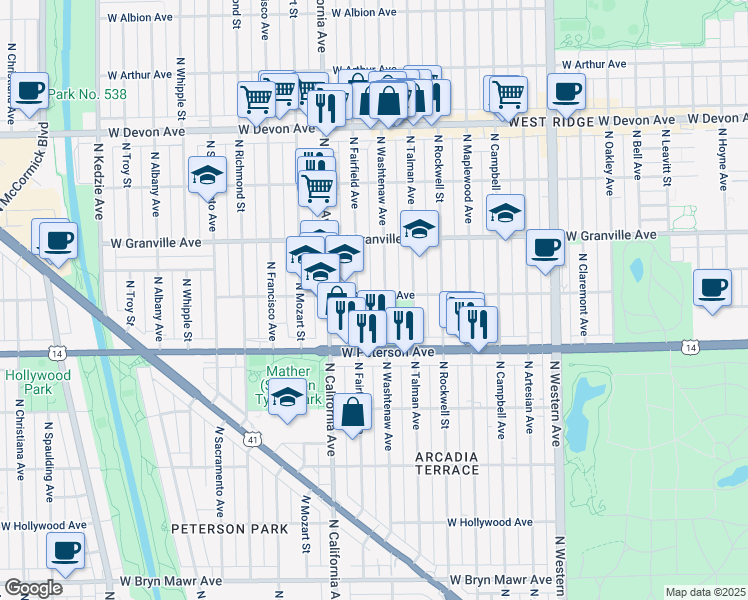 map of restaurants, bars, coffee shops, grocery stores, and more near 2709 West Glenlake Avenue in Chicago