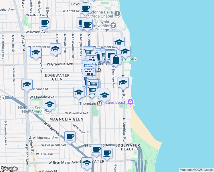 map of restaurants, bars, coffee shops, grocery stores, and more near 6102 North Winthrop Avenue in Chicago