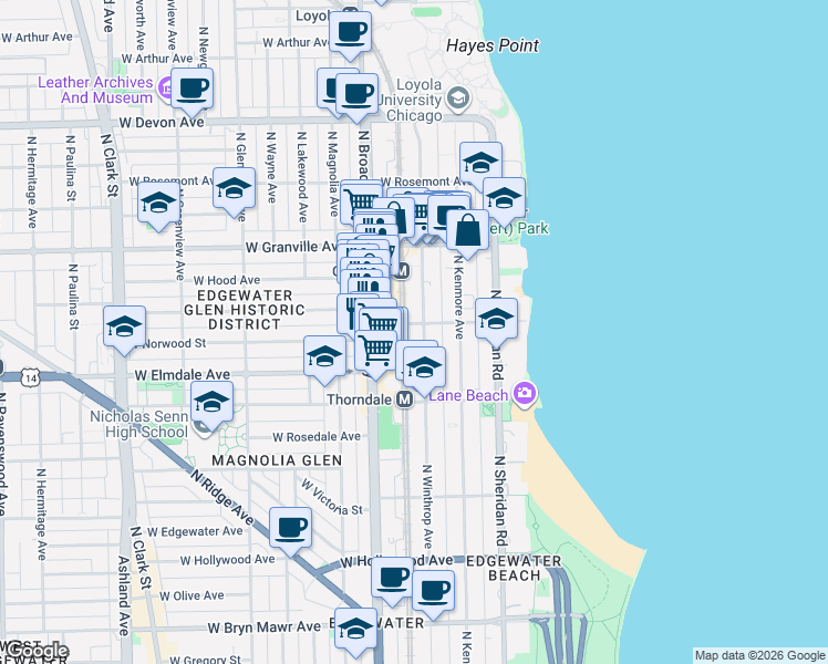 map of restaurants, bars, coffee shops, grocery stores, and more near 6102 North Winthrop Avenue in Chicago