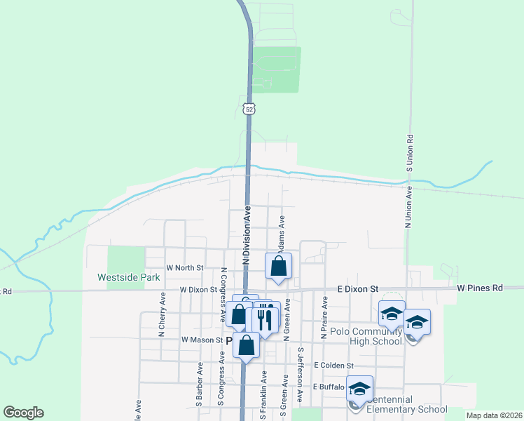 map of restaurants, bars, coffee shops, grocery stores, and more near 102 East Elkhorn Street in Polo