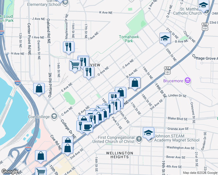 map of restaurants, bars, coffee shops, grocery stores, and more near 1639 C Avenue Northeast in Cedar Rapids