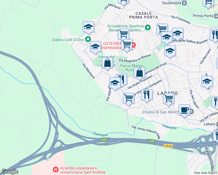 map of restaurants, bars, coffee shops, grocery stores, and more near 138-140 Via Ghisalba in Rome