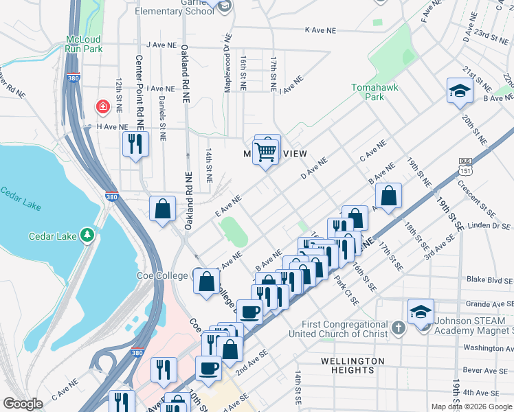 map of restaurants, bars, coffee shops, grocery stores, and more near 1509 East Avenue Northeast in Cedar Rapids