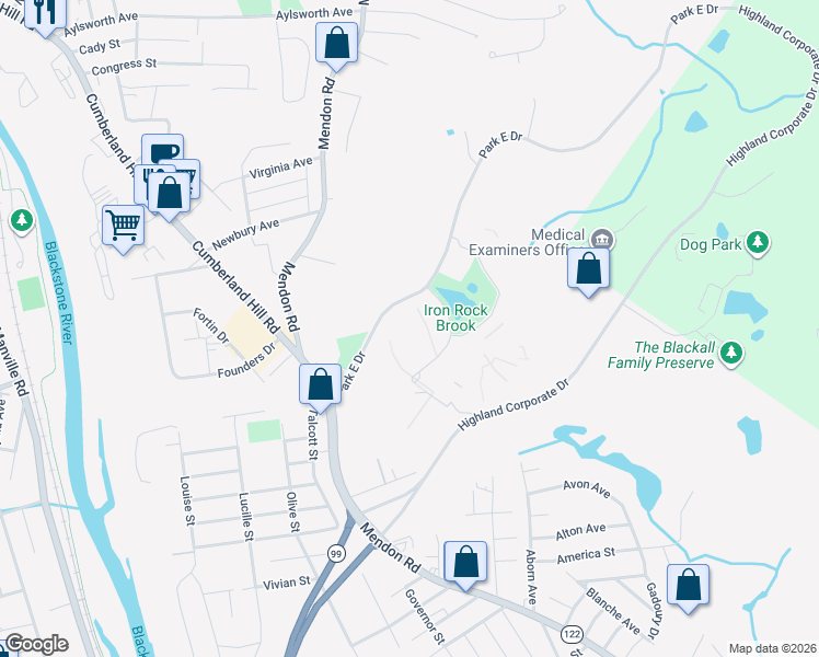 map of restaurants, bars, coffee shops, grocery stores, and more near 1 Cvs Drive in Woonsocket