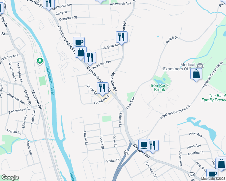 map of restaurants, bars, coffee shops, grocery stores, and more near 2075 Mendon Road in Woonsocket