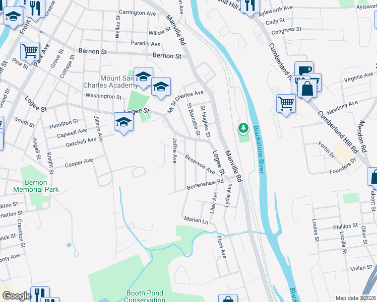 map of restaurants, bars, coffee shops, grocery stores, and more near 24 Glendale Avenue in Woonsocket