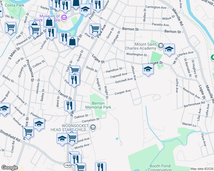 map of restaurants, bars, coffee shops, grocery stores, and more near 46 Getchell Avenue in Woonsocket