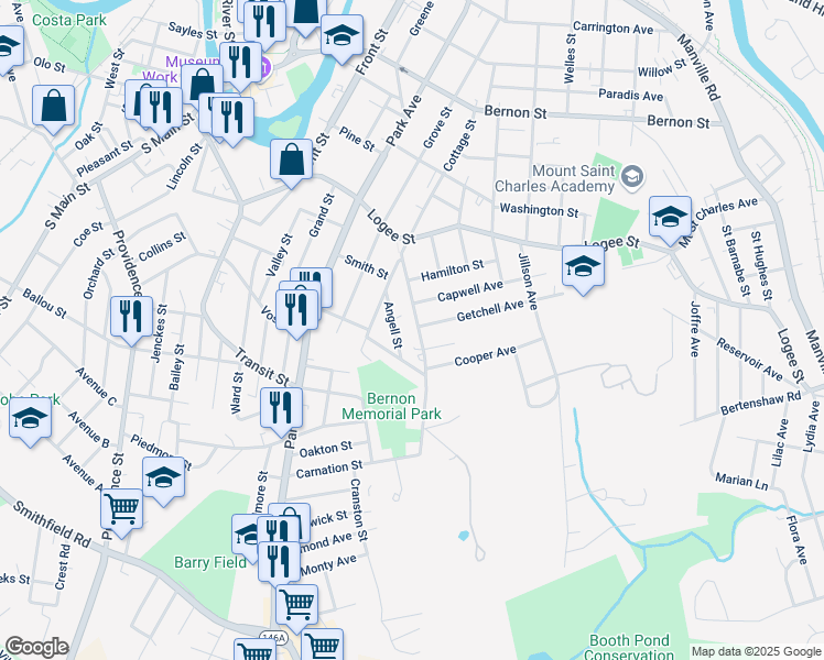 map of restaurants, bars, coffee shops, grocery stores, and more near 70 Angell Street in Woonsocket