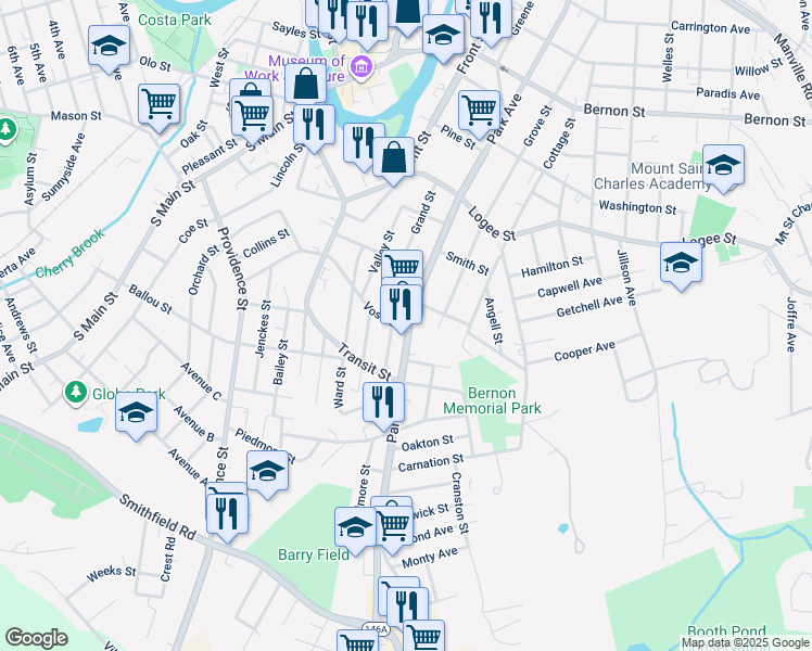 map of restaurants, bars, coffee shops, grocery stores, and more near 25 Blakeley Street in Woonsocket