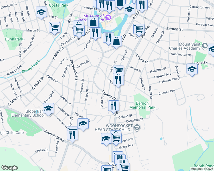 map of restaurants, bars, coffee shops, grocery stores, and more near 117 Ward Street in Woonsocket