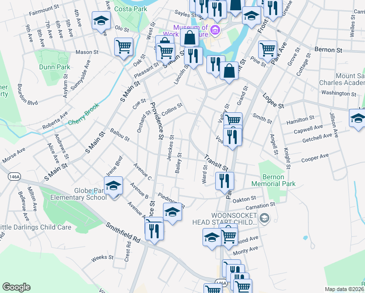 map of restaurants, bars, coffee shops, grocery stores, and more near 232 Transit Street in Woonsocket