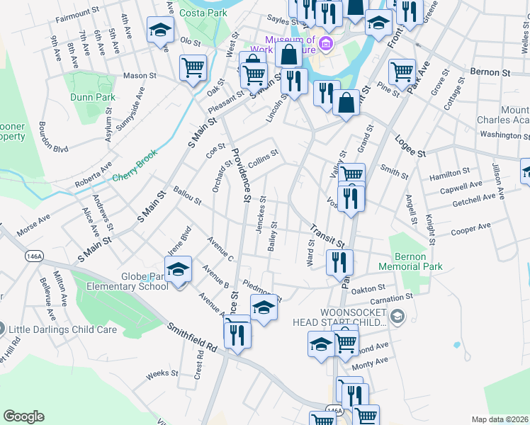 map of restaurants, bars, coffee shops, grocery stores, and more near 94 Jenckes Street in Woonsocket
