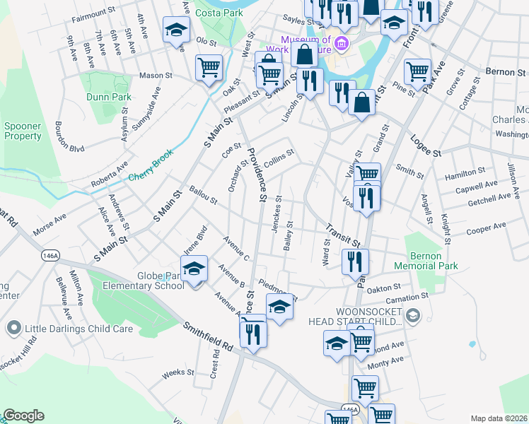 map of restaurants, bars, coffee shops, grocery stores, and more near 297 Providence Street in Woonsocket