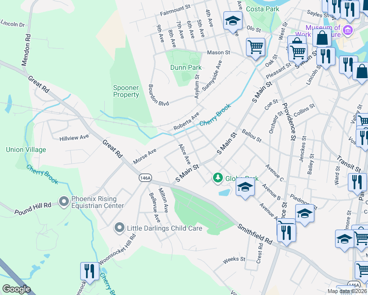 map of restaurants, bars, coffee shops, grocery stores, and more near 120 Andrews Street in Woonsocket