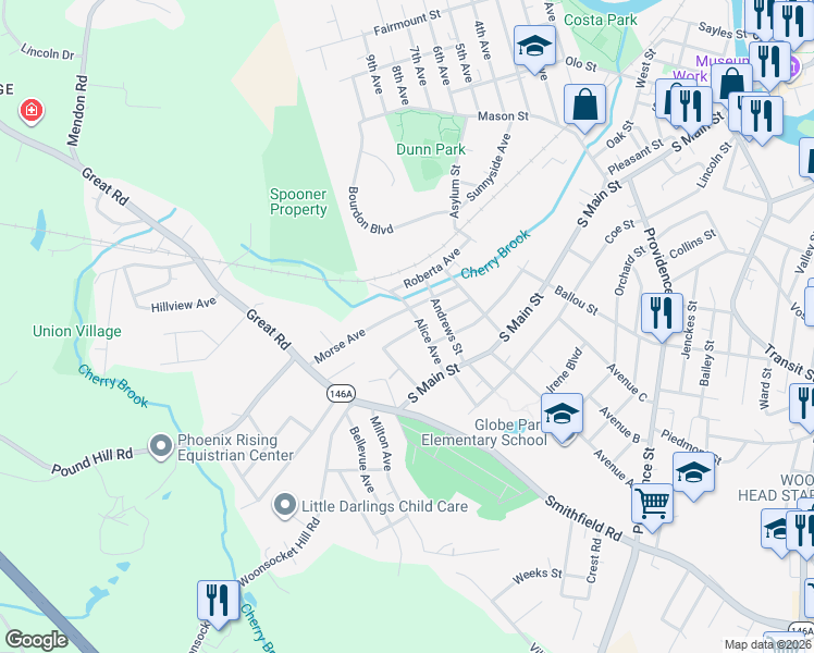 map of restaurants, bars, coffee shops, grocery stores, and more near in Woonsocket
