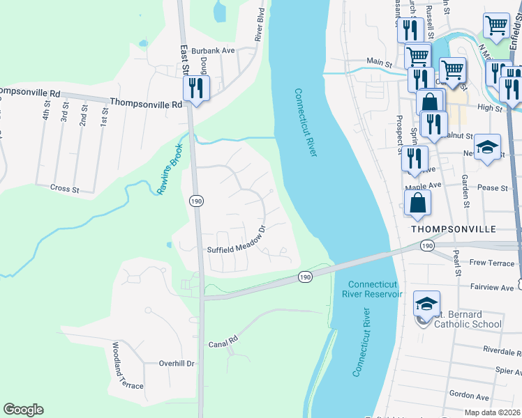 map of restaurants, bars, coffee shops, grocery stores, and more near 152 East Grayling Lane in Suffield