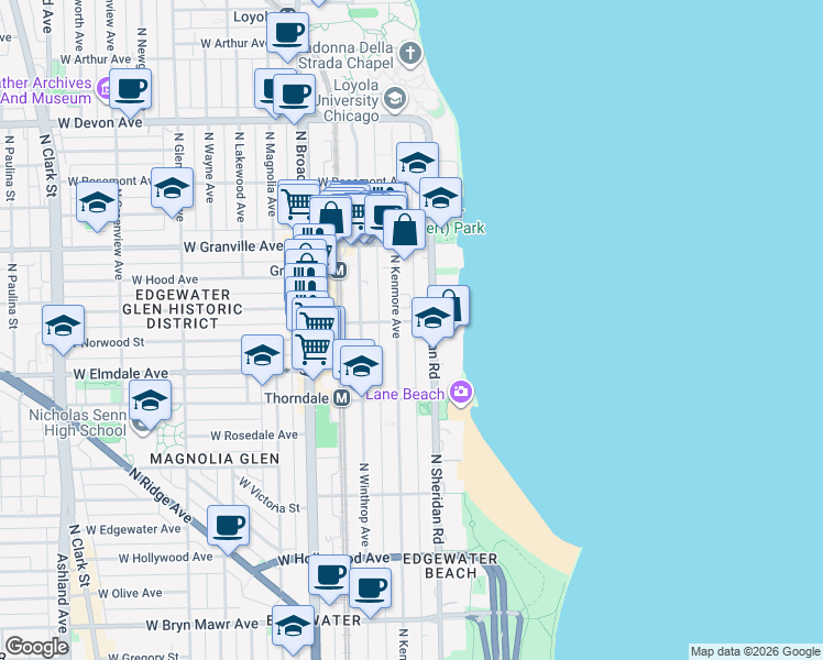 map of restaurants, bars, coffee shops, grocery stores, and more near 6106 North Kenmore Avenue in Chicago