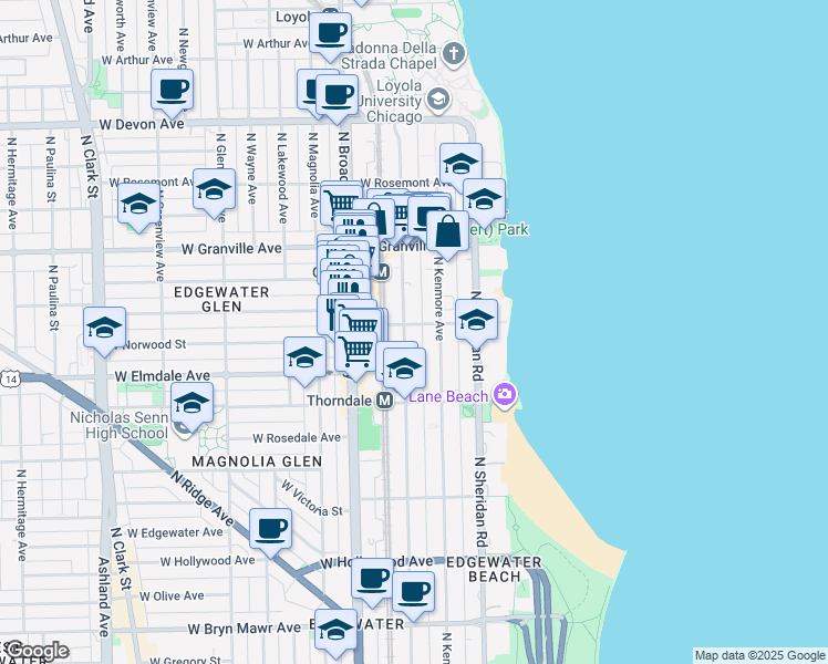 map of restaurants, bars, coffee shops, grocery stores, and more near 6102 North Winthrop Avenue in Chicago