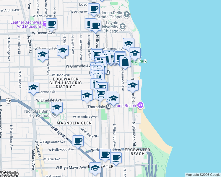 map of restaurants, bars, coffee shops, grocery stores, and more near 6102 North Winthrop Avenue in Chicago