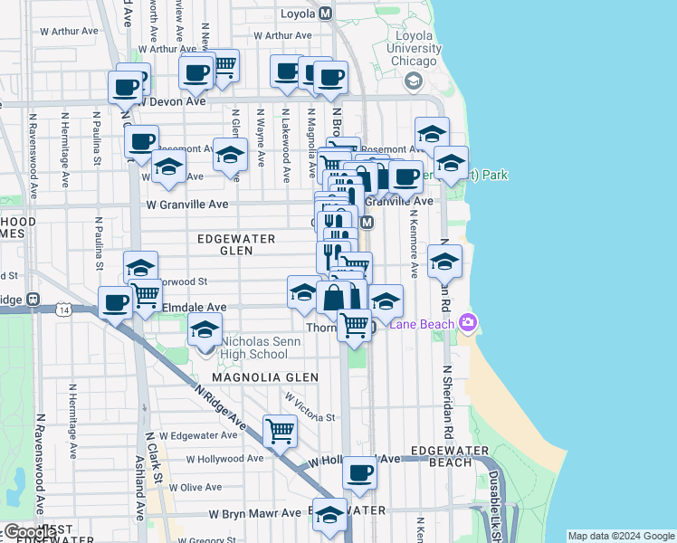 map of restaurants, bars, coffee shops, grocery stores, and more near in Chicago