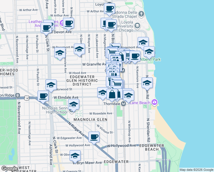 map of restaurants, bars, coffee shops, grocery stores, and more near 1229 West Glenlake Avenue in Chicago