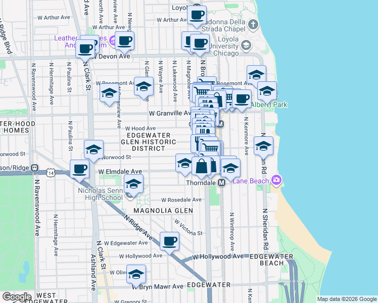 map of restaurants, bars, coffee shops, grocery stores, and more near 1229 West Glenlake Avenue in Chicago
