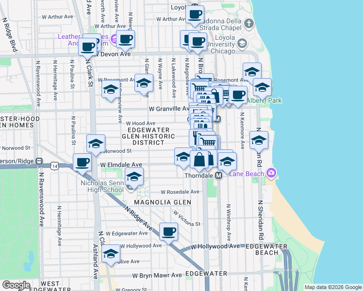 map of restaurants, bars, coffee shops, grocery stores, and more near 1303 West Glenlake Avenue in Chicago