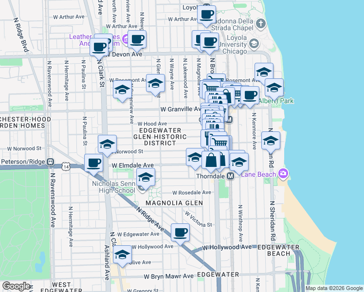 map of restaurants, bars, coffee shops, grocery stores, and more near 1303 West Glenlake Avenue in Chicago