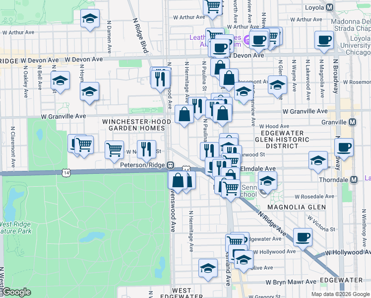 map of restaurants, bars, coffee shops, grocery stores, and more near 6062 North Hermitage Avenue in Chicago
