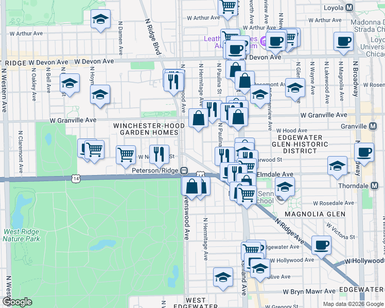 map of restaurants, bars, coffee shops, grocery stores, and more near 6062 North Hermitage Avenue in Chicago