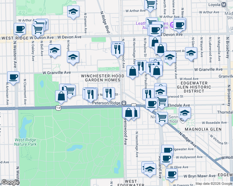 map of restaurants, bars, coffee shops, grocery stores, and more near 1835 West Hood Avenue in Chicago