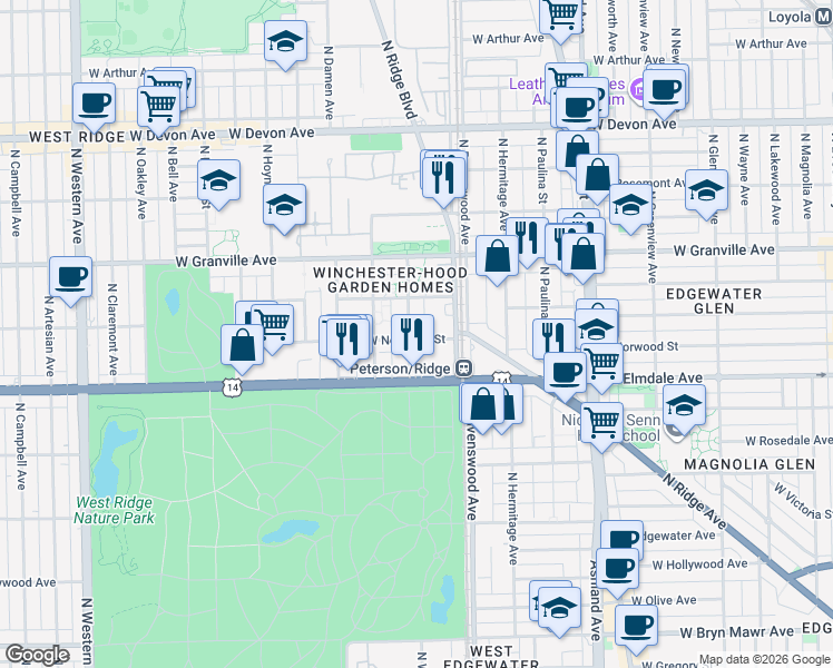 map of restaurants, bars, coffee shops, grocery stores, and more near 1835 West Hood Avenue in Chicago
