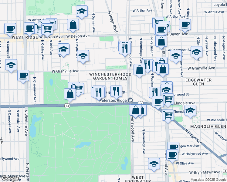 map of restaurants, bars, coffee shops, grocery stores, and more near 6123 North Winchester Avenue in Chicago