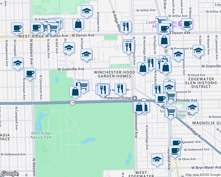 map of restaurants, bars, coffee shops, grocery stores, and more near 6123 North Winchester Avenue in Chicago
