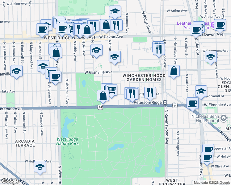 map of restaurants, bars, coffee shops, grocery stores, and more near 6120 North Hoyne Avenue in Chicago
