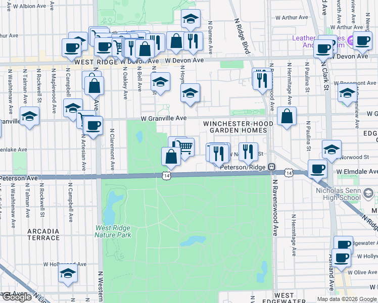 map of restaurants, bars, coffee shops, grocery stores, and more near 6120 North Hoyne Avenue in Chicago