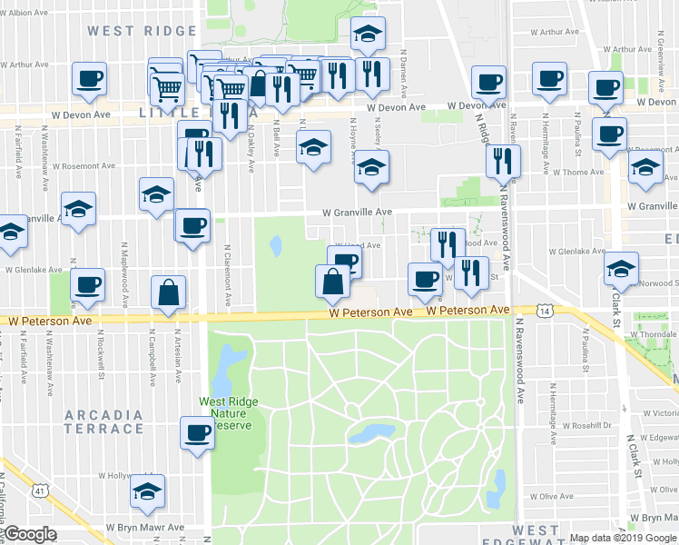 map of restaurants, bars, coffee shops, grocery stores, and more near 6120 North Hoyne Avenue in Chicago