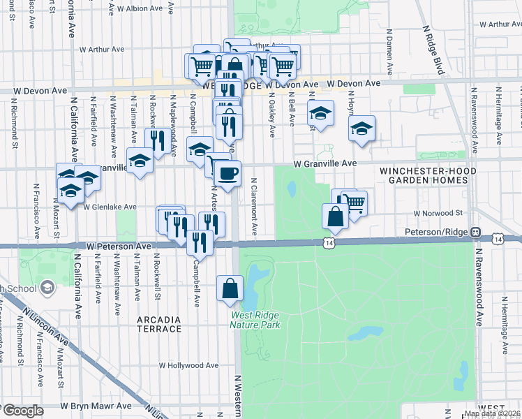 map of restaurants, bars, coffee shops, grocery stores, and more near 6105 North Claremont Avenue in Chicago