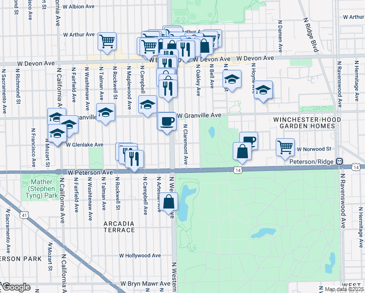 map of restaurants, bars, coffee shops, grocery stores, and more near 6105 North Claremont Avenue in Chicago