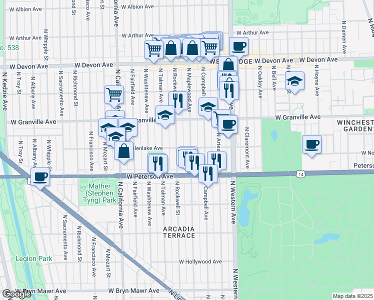 map of restaurants, bars, coffee shops, grocery stores, and more near 6105 North Maplewood Avenue in Chicago