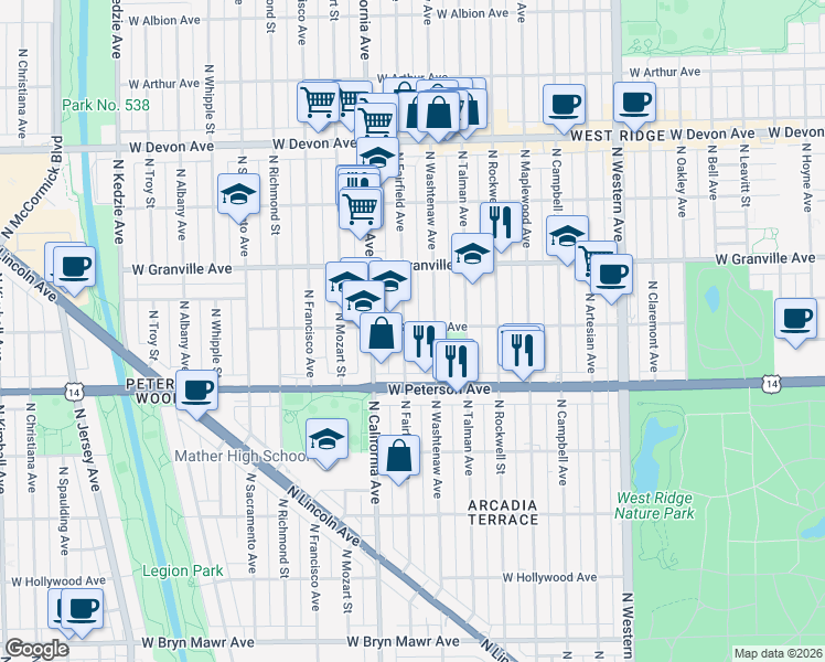 map of restaurants, bars, coffee shops, grocery stores, and more near 6106 North Washtenaw Avenue in Chicago