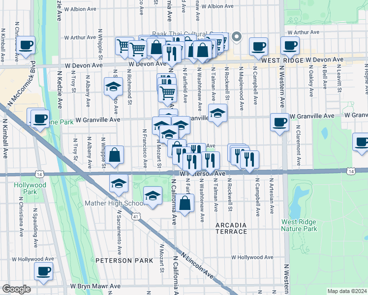 map of restaurants, bars, coffee shops, grocery stores, and more near 6110 North Fairfield Avenue in Chicago