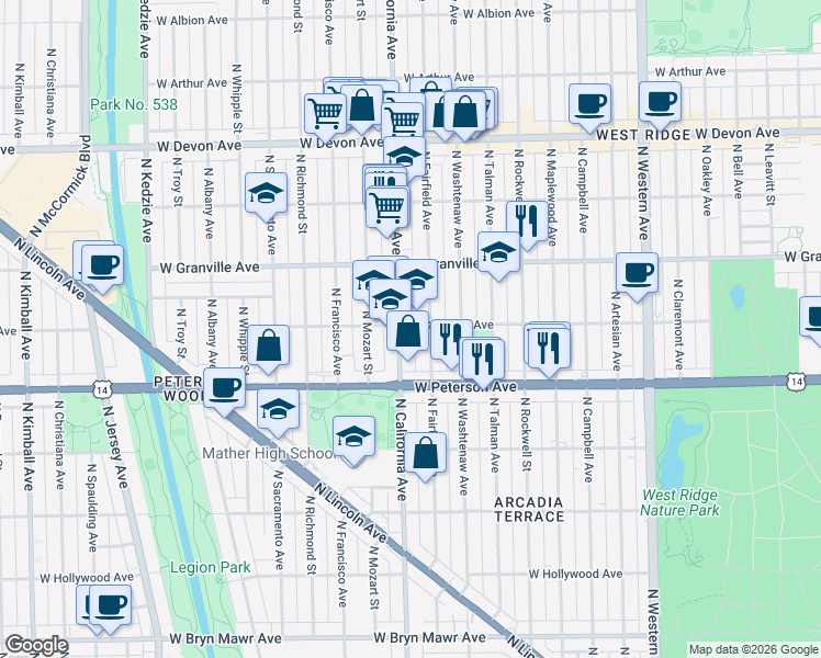map of restaurants, bars, coffee shops, grocery stores, and more near 6110 North Fairfield Avenue in Chicago