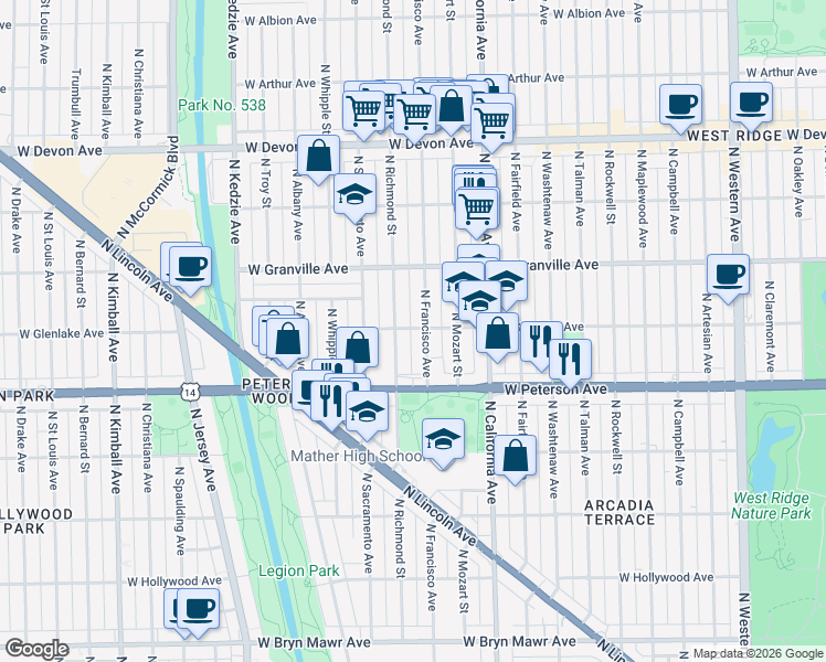 map of restaurants, bars, coffee shops, grocery stores, and more near 6110 North Francisco Avenue in Chicago