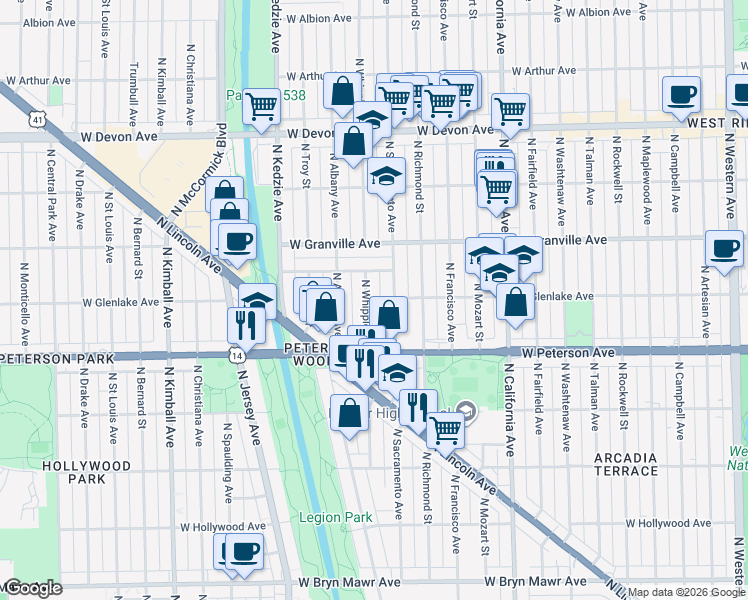 map of restaurants, bars, coffee shops, grocery stores, and more near 6077 North Whipple Street in Chicago