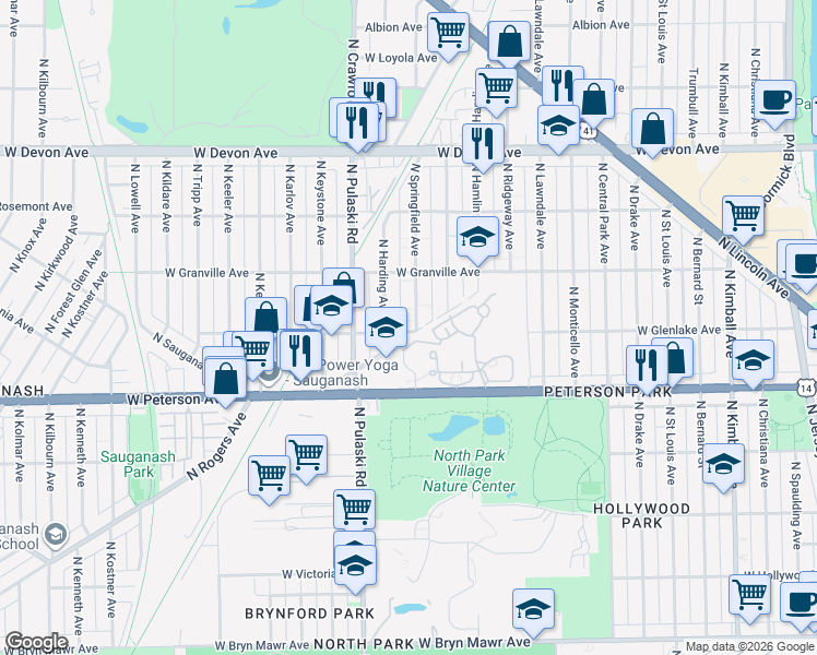 map of restaurants, bars, coffee shops, grocery stores, and more near 6117 North Springfield Avenue in Chicago