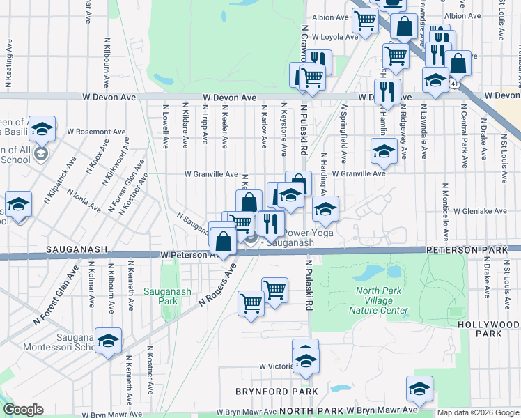 map of restaurants, bars, coffee shops, grocery stores, and more near 6117 North Kedvale Avenue in Chicago